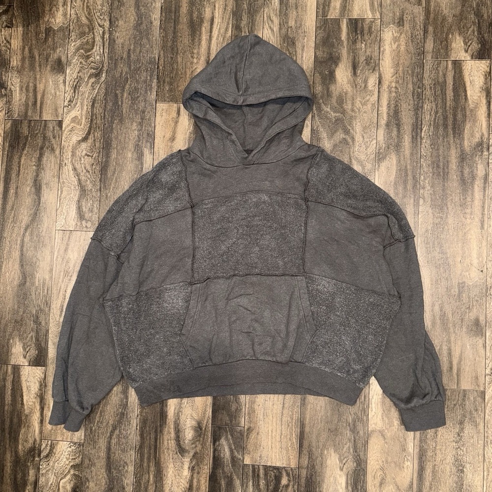 Aerie Patchwork Fleece Pullover Hoodie Long-Sleeve Women's Medium Charcoal Grey
